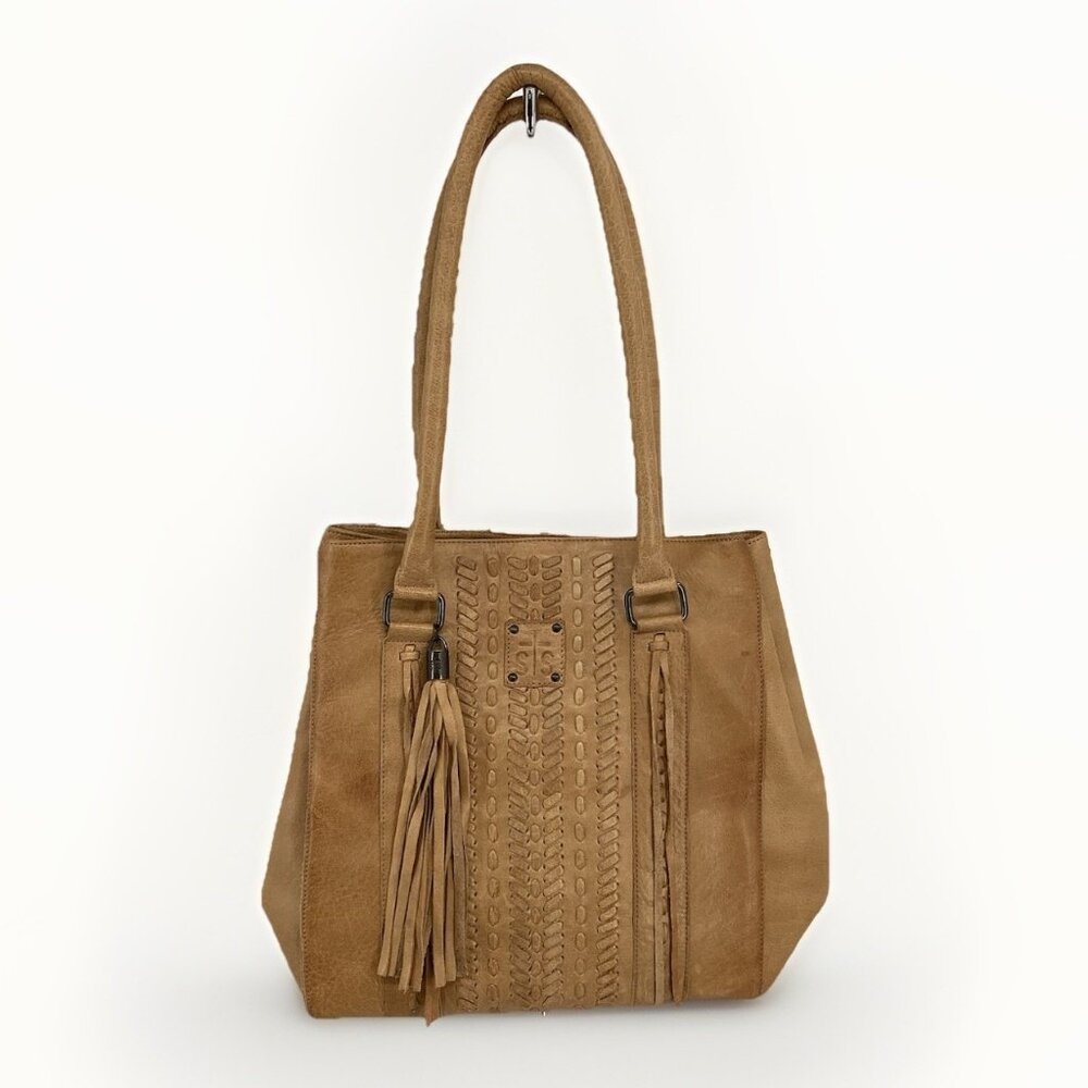 STS Ranch Large Bovine Leather Cowhide Satchel Tote Tassel Brown Double Handle